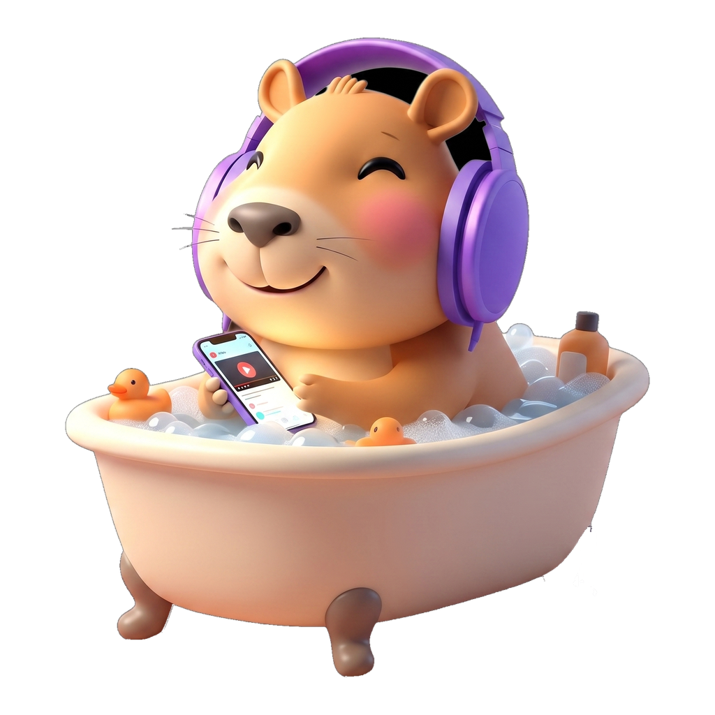 ShareCapy capybara mascot relaxing in a mud bath while watching a stream